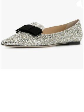 Wansseny Silver Glitter Bowknot Pointed Toe Slip on Flats Comfortable Loafers